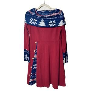 Sweater Dress Women's Large Cowl Neck Red Button Adorned MIDI Winter Snowflakes